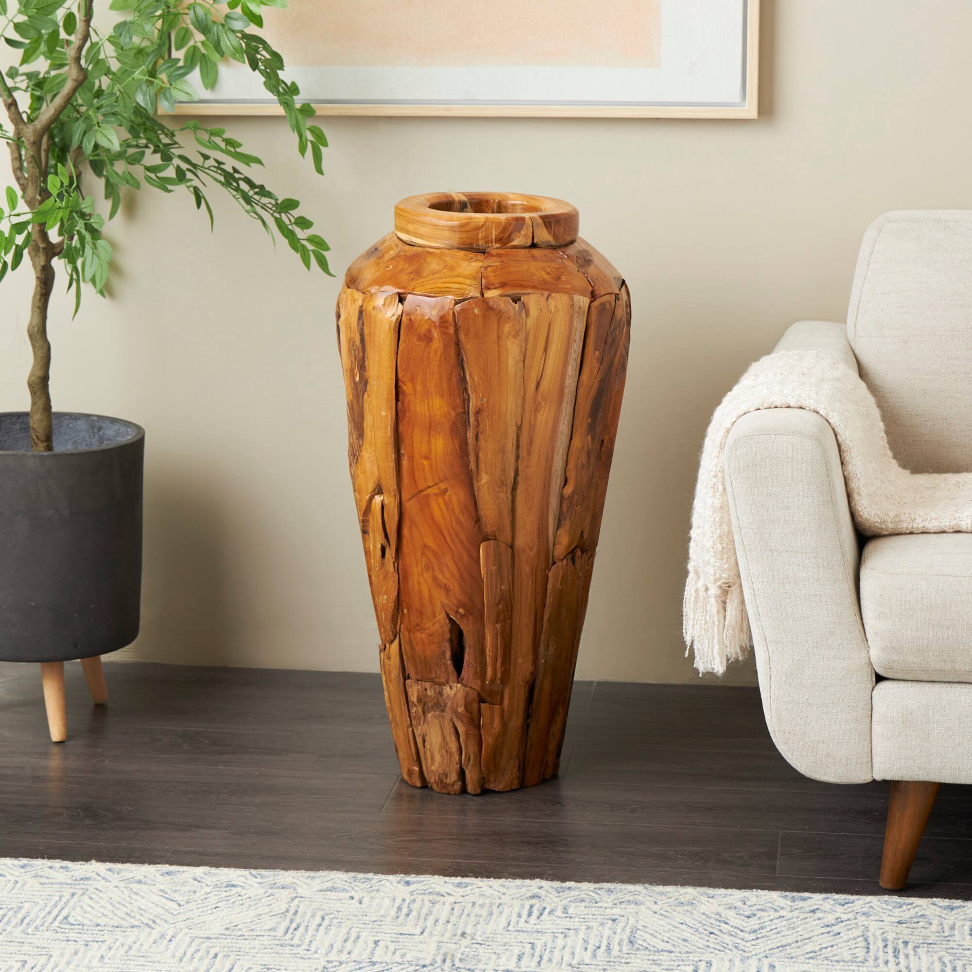 Brown Teak Wood Handmade Tall Floor Vase with Mosaic Live Edge
